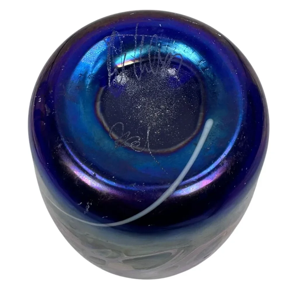 Rick Hunter Art Glass Vase Carnival Glass Cobalt Blue Gold Spots Swirls Colorful